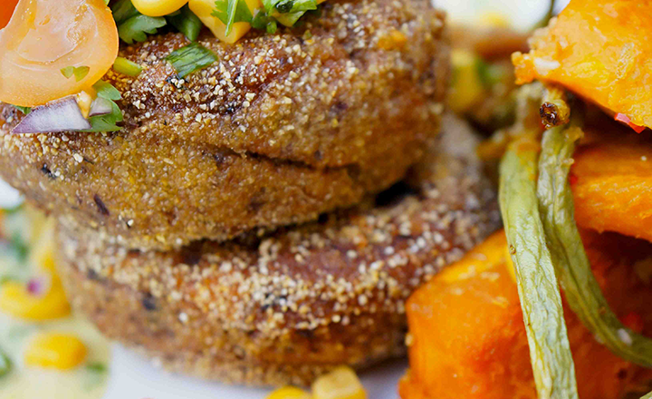 Black bean burgers, roast squash & sweetcorn salsa & coriander aioli