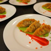 Mixed Mushroom & Edamame Gyoza w Wasabi Pea Puree