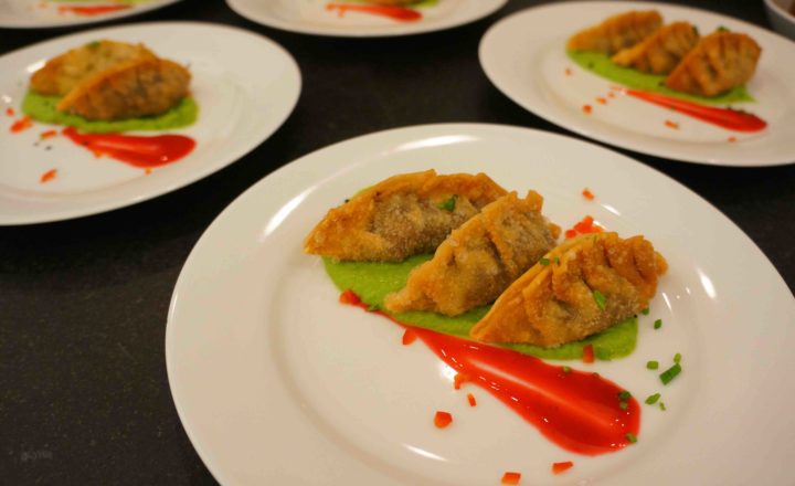 Mixed Mushroom & Edamame Gyoza w Wasabi Pea Puree